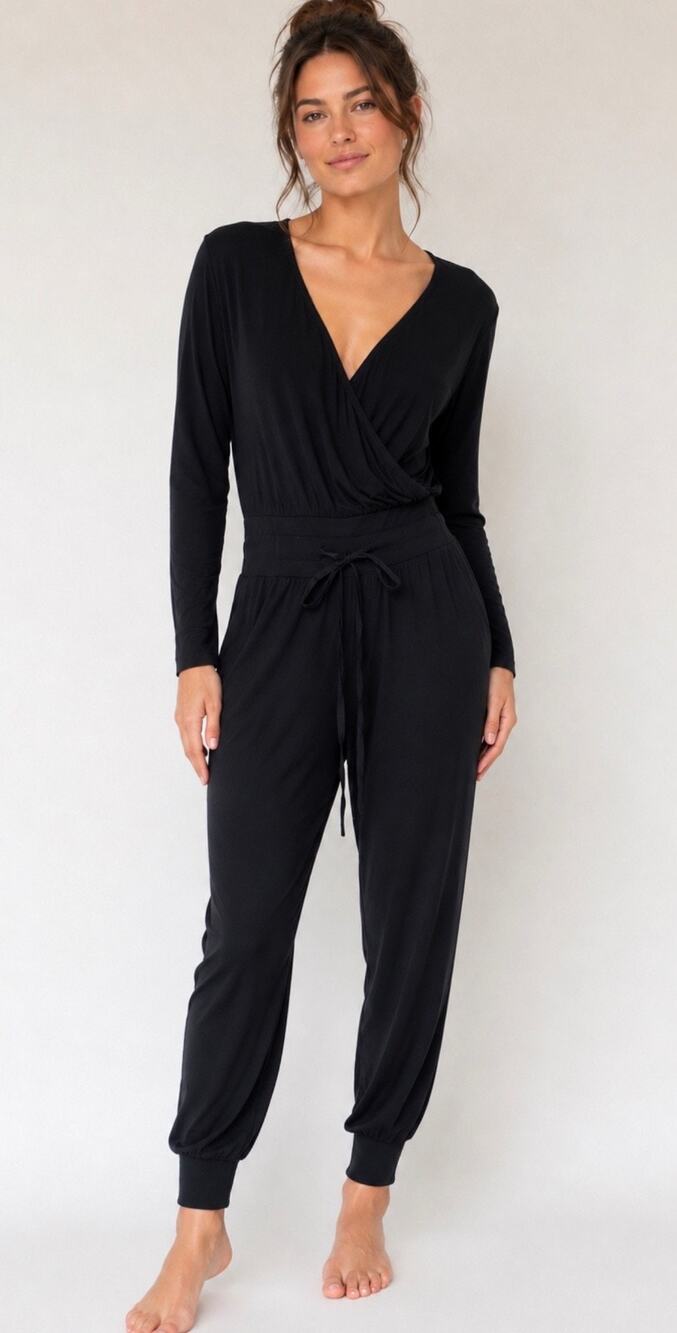Dino Live Softly Women Jumpsuit Black Tie Stretch Waist V-Neck Elastic Medium